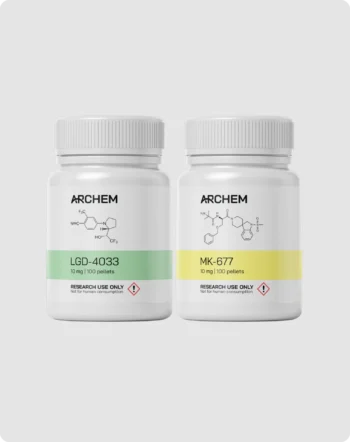 Research chemical bottles, LGD-4033 and MK-677, labeled for scientific research use, not for human consumption.