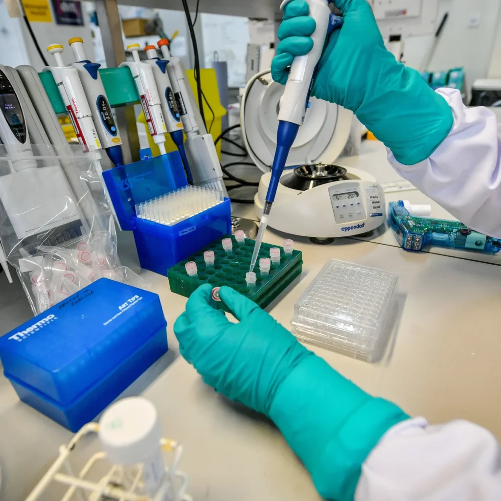 Laboratory setting with gloved hands pipetting samples into tubes for scientific analysis.