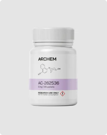AC-262536 compound bottle, 5 mg, labeled for research use only, chemical structure displayed.