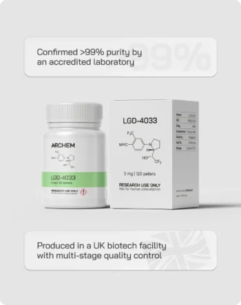 LGD-4033 packaging with 99% purity certification and UK biotech manufacturing quality control.