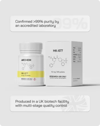 MK-677 supplement bottle and box, 99% purity, UK biotech production, multi-stage quality control, research use only.