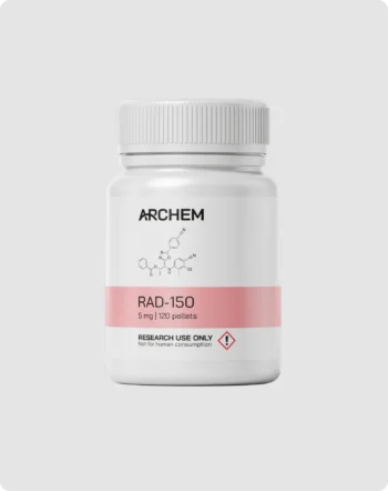 RAD-150 compound bottle, 5 mg dosage, labeled for research use only, not for human consumption.