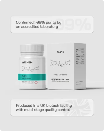 S-23 compound packaging with >99% purity, UK biotech production, research use only, quality control highlighted.