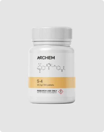 Container labeled S-4, 25 mg | 100 pellets, for research use only, chemical structure displayed.