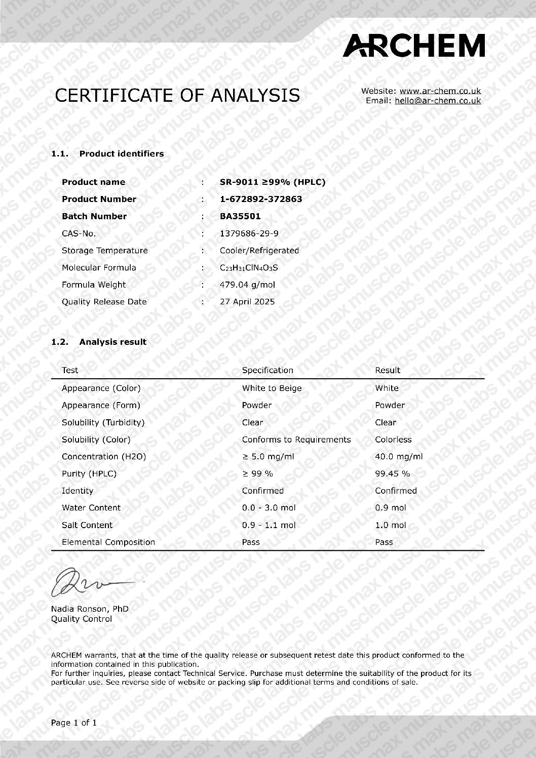 SR9011 COA BA35501
